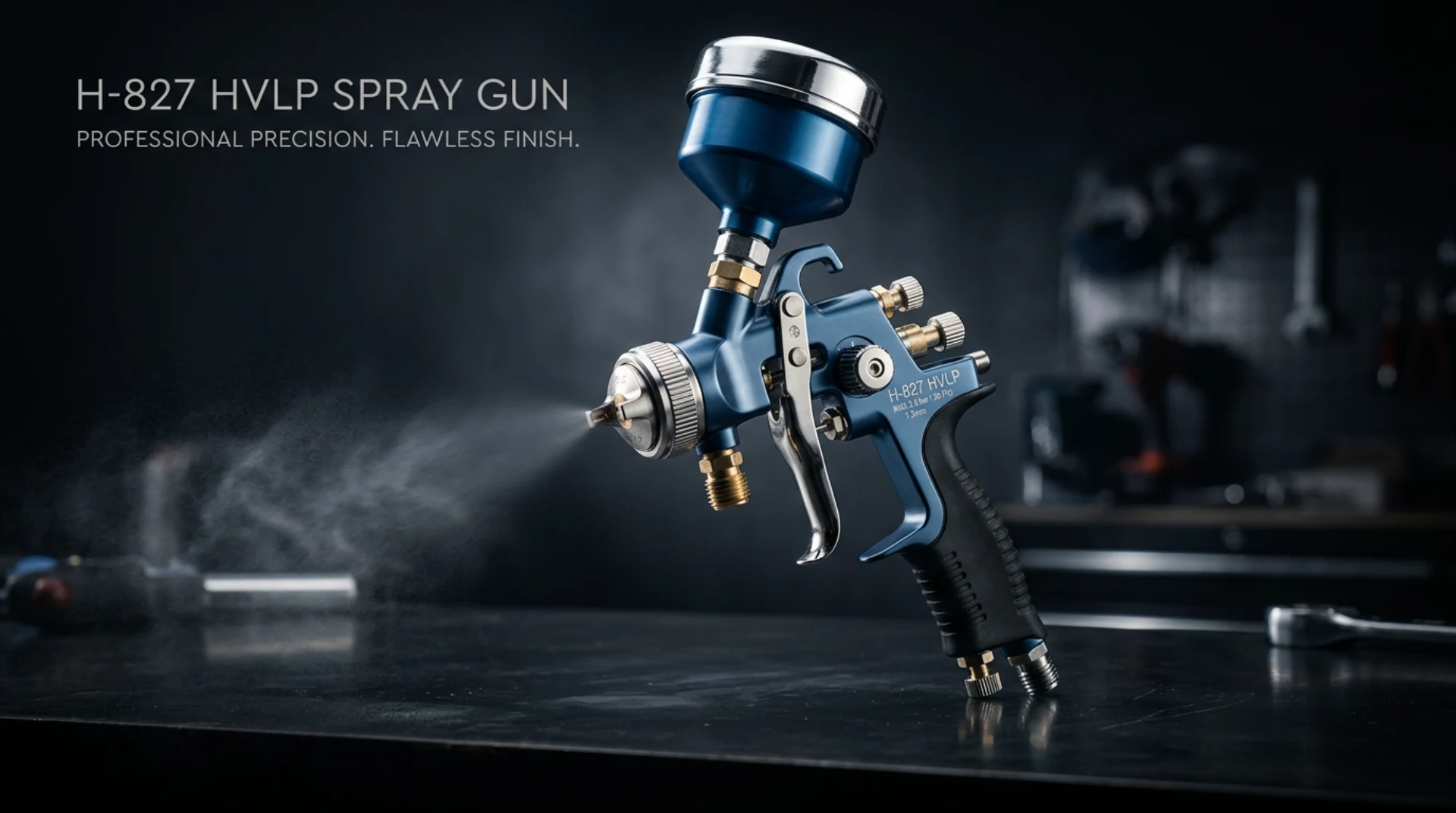 Pistola HVLP stile H-827 in ambiente professionale di verniciatura